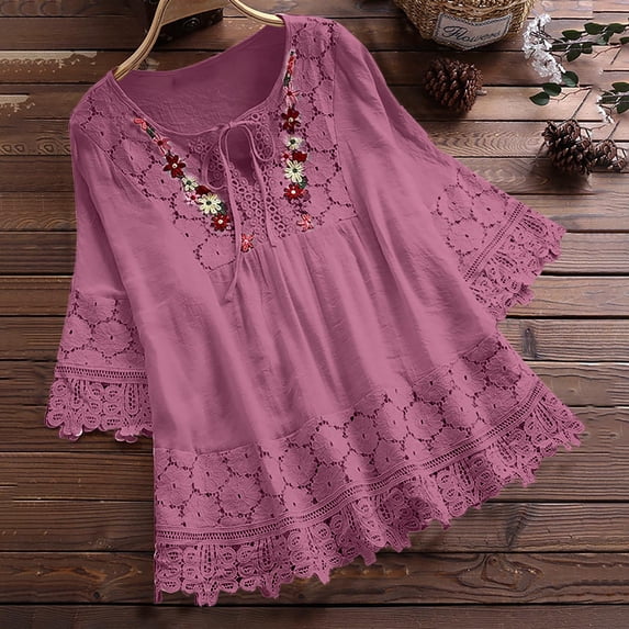 Women Summer Tops Lace Patchwork Bow V-Neck Three Quarter Blouses Top T-Shirt
