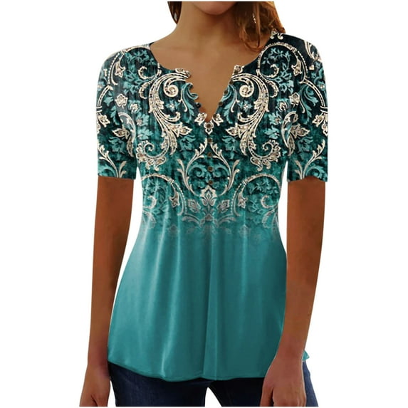 Women Summer Tops Short Sleeve Printing Floral Pattern Gradient Blouse Round Neck Classic Loose Fit Tunic Formal Daily Ladies Work Tops Mint Green,XL