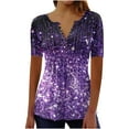 thumbnail image 1 of Women Summer Tops Short Sleeve Printing Floral Pattern Gradient Blouse Round Neck Classic Loose Fit Tunic Formal Daily Ladies Work Tops Purple,S, 1 of 5