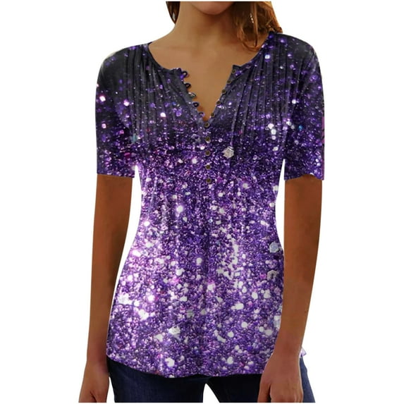 Women Summer Tops Short Sleeve Printing Floral Pattern Gradient Blouse Round Neck Classic Loose Fit Tunic Formal Daily Ladies Work Tops Purple,S