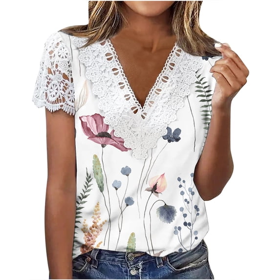 Women Summer Tops Short Sleeve Printing Floral Pattern Lace T-Shirts V-Neck Classic Fitted Tee Fashion Trendy Ladies Softy Holiday Tops White,XL