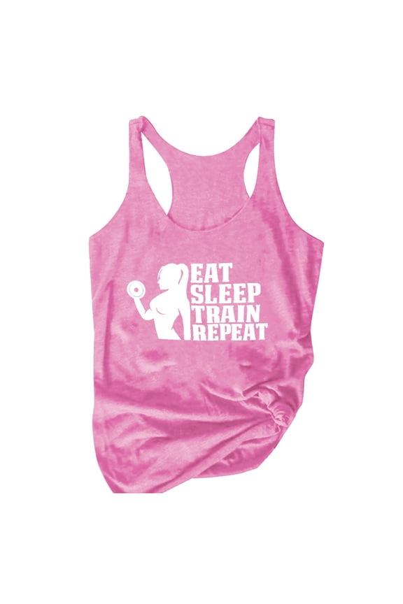 Women Summer Tops Eat Sleep Train Repeatedly Women's Racerback Tank For Girls Motivational Gym Tank Top Funny Weightlifting Workout Training Crisscross for Women Boy Glitter Control Top Pink M