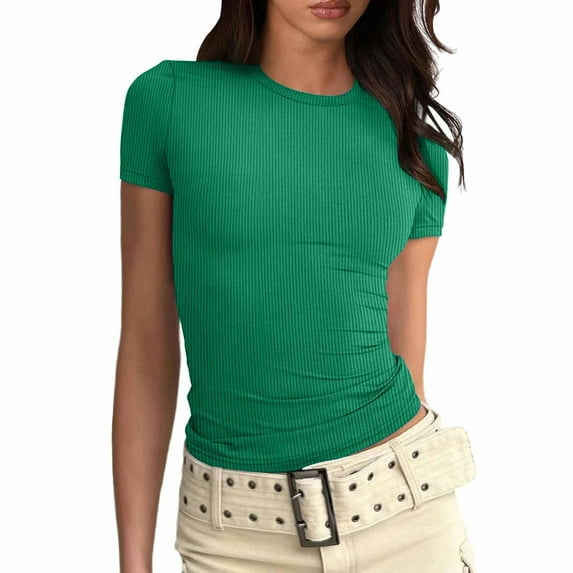 Women Summer Tops Fashion Tops For Women Fitted Short Sleeve Basic Tee Slim Fit Shirts plus Size Athletic Wear Shirts Fall Floral Thin Striped Shirt Dark Silk Top Graphic Short Female Tees Green XL