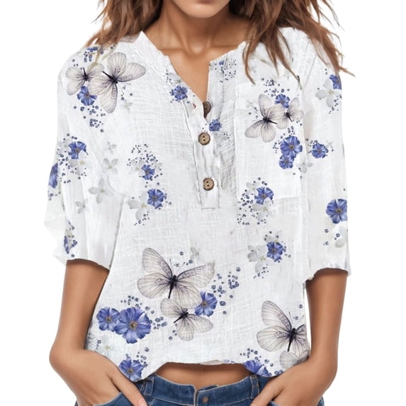 Women Summer Tops Fashion Womens Tops Printing Splicing V Neck Button Top Shirt Casual Medium Sleeve Elegant Soft T Shirt Lady Fall Top Blouse Bodysuit Athletic Shirts Long Sleeve Cute Purple 2XL