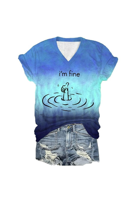 Women Summer Tops I'm Fine Tee Shirt Funny Graphic T Shirts For Women Loose Fit Sarcastic Saying Cold Gear Chicken Shirt Workout Thermal Long Sleeve Athletic Top Neck Fitted Long Sleeve T Sky Blue 4XL
