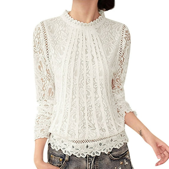 Women Summer Tops Lace Long High Neck Blouse T-Shirt Ladies Loose Sleeve Autumn Pullover Women's Blouse Womens Long Sleeve V Neck T Shirts Button up Knit Shirt Womens Oversized Top Light White 3XL