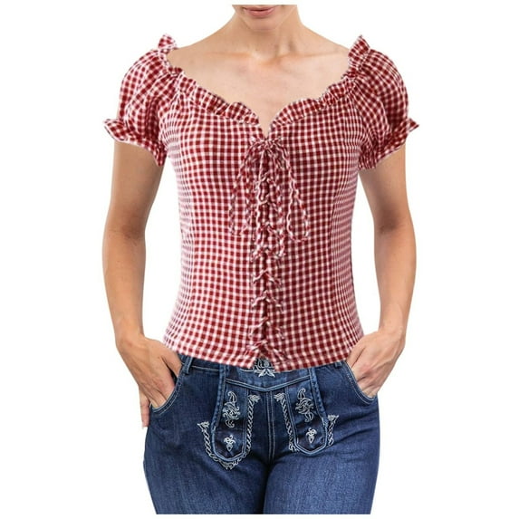 Women Summer Tops " Ladies' Oktoberfest Plaid Waist Cincher Tie Front Short Sleeve Shirt Ideal For Festival And Casual Outings" Wrap Compression Guard plus Size Christmas Tunic Lady Summer Red L