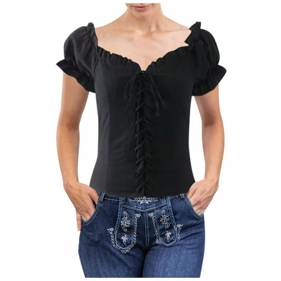 Women Summer Tops " Ladies' Oktoberfest Plaid Waist Cincher Tie Front Short Sleeve Shirt Ideal For Festival And Casual Outings" Wrap Compression Guard plus Size Christmas Tunic Lady Summer Black L