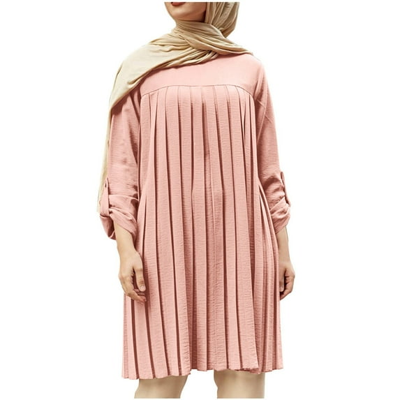 Women Summer Tops Ladies' Solid Color Casual Temperament Elegant Pleated Solid Color Round Neck Long Sleeved Pleated Round Neck Plus Size Top Dark Long Sleeve Womens Sleeve Tee Spandex Pink 5XL