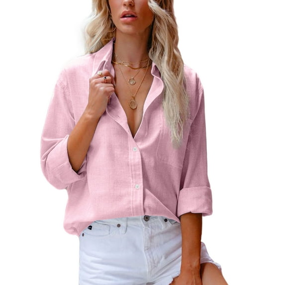 Women Summer Tops Lady Lapel Collar Cotton and Linen Long Sleeve Button Shirts Office Blouse