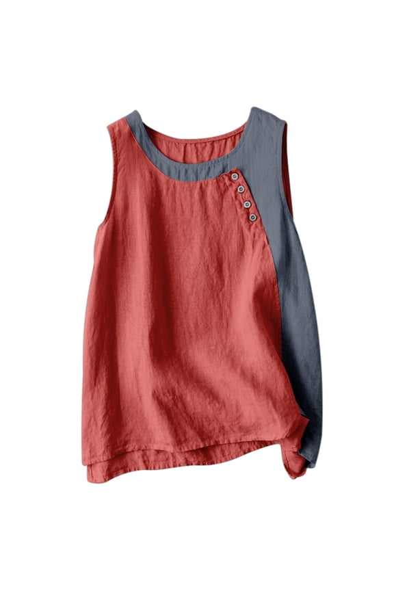 Women Summer Tops And Linen Loose Vintage Buttons Decorate Patchwork T Shirts Camisoles for Women Long Sleeveless Bra Undershirt Top for Juniors Compression Tops with Bra Apparel Deer Red M