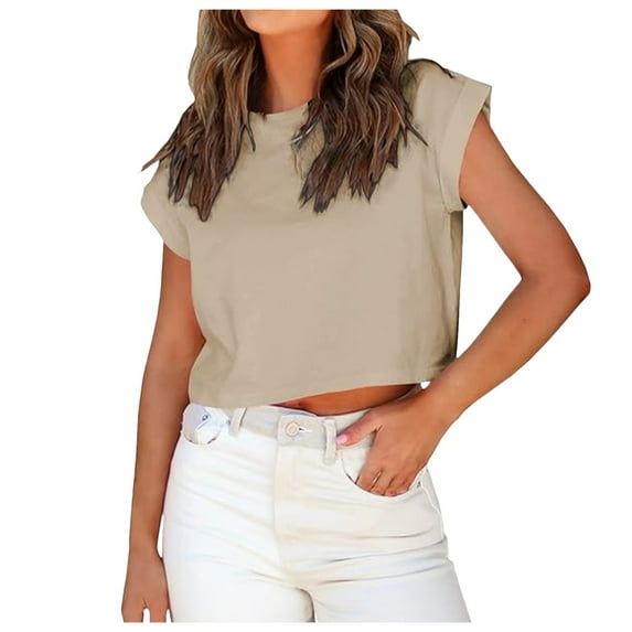 Women Summer Tops Loose Casual Round Neck Solid Color Short Sleeved Shirt For Women Tops Comfort Long Sleeve Tees Baseball Shirts Popular Top Warm Exercise Work Casual Tunic Top Shirt Khaki S