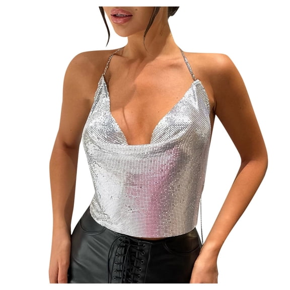 Women Summer Tops Metal Sequin Chain Strap Crop Top For Women | Stylish And Sexy Party Wear Blouse | Trendy Glitter Sleeveless Shirt Cute Tops for Business Casual Camisole Casual Cleavage Silver One