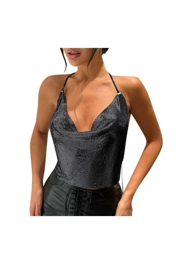 Women Summer Tops Metal Sequin Chain Strap Crop Top For Women | Stylish And Sexy Party Wear Blouse | Trendy Glitter Sleeveless Shirt Cute Tops for Business Casual Camisole Casual Cleavage Black One