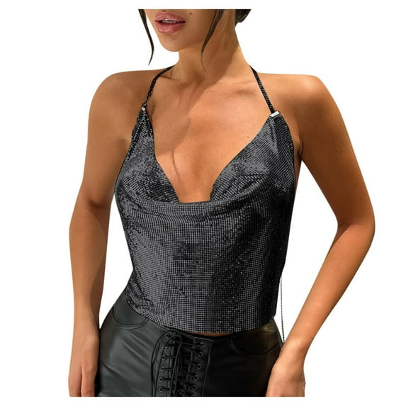 Women Summer Tops Metal Sequin Chain Strap Crop Top For Women | Stylish And Sexy Party Wear Blouse | Trendy Glitter Sleeveless Shirt Cute Tops for Business Casual Camisole Casual Cleavage Black One