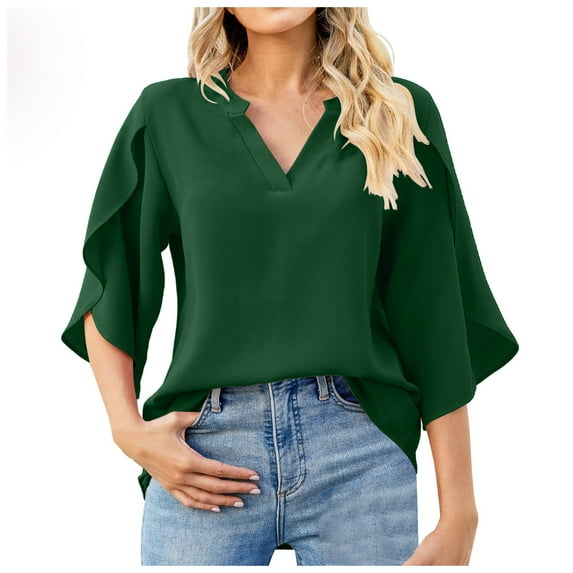Women Summer Tops New Women Fashion Petal Sleeve Tops Loose V Neck Chiffon Shirt B Neck T Shirts Sky for Shirt Working Out Winter Long Sleeve Long Athletic Fit Fit Stretch Green XL
