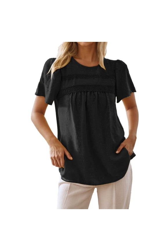 Women Summer Tops A Plain Polka Dot Shirt For Ladies A Casual And Elegant Lace Patchwork Pleated Round Neck Top Solid Shirt Junior Base Layer Women plus Tech Tops Womens Fancy Long Sleeve Black L
