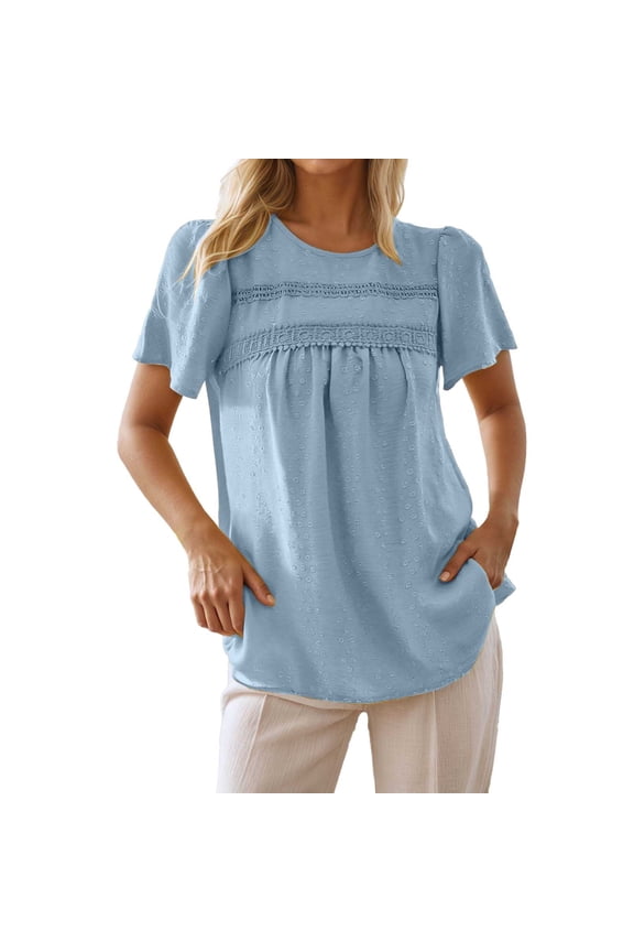 Women Summer Tops A Plain Polka Dot Shirt For Ladies A Casual And Elegant Lace Patchwork Pleated Round Neck Top Solid Shirt Junior Base Layer Women plus Tech Tops Womens Fancy Long Sleeve Blue S