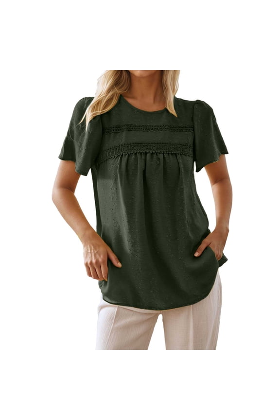 Women Summer Tops A Plain Polka Dot Shirt For Ladies A Casual And Elegant Lace Patchwork Pleated Round Neck Top Solid Shirt Junior Base Layer Women plus Tech Tops Womens Fancy Long Sleeve Green XL