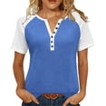 thumbnail image 1 of Women Summer Tops Plus Size Raglan Short Sleeve V Neck Basic Henley Tee Shirt Loose Casual Colorblock Tshirts (XL, Blue), 1 of 8