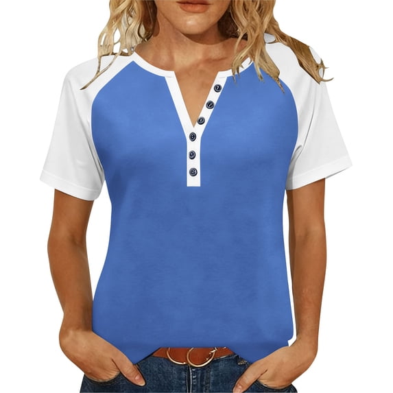 Women Summer Tops Plus Size Raglan Short Sleeve V Neck Basic Henley Tee Shirt Loose Casual Colorblock Tshirts (XL, Blue)
