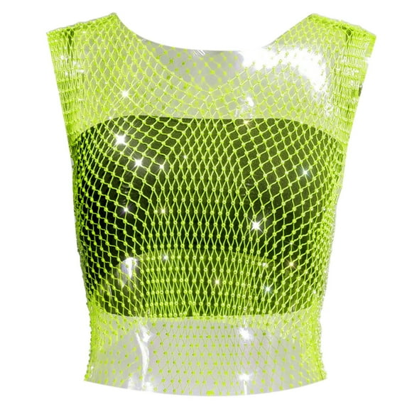 Women Summer Tops Rhinestone Fishing Net Fashion Net Flash Women's Short Sleeve Vest Bras Small Crop Tops Small Top Women Cropped Juniors Thin Strap Top Comic Book for Chambray Casual Shirt Green M