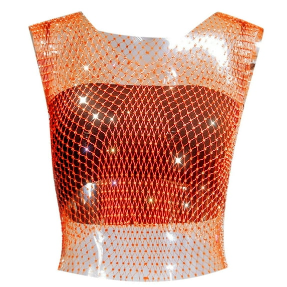 Women Summer Tops Rhinestone Fishing Net Fashion Net Flash Women's Short Sleeve Vest Date Night Tops for Women Cropped Candy Top Cropped Cute Ladies Top V Neck Sexy Bodysuit Blouse Orange L