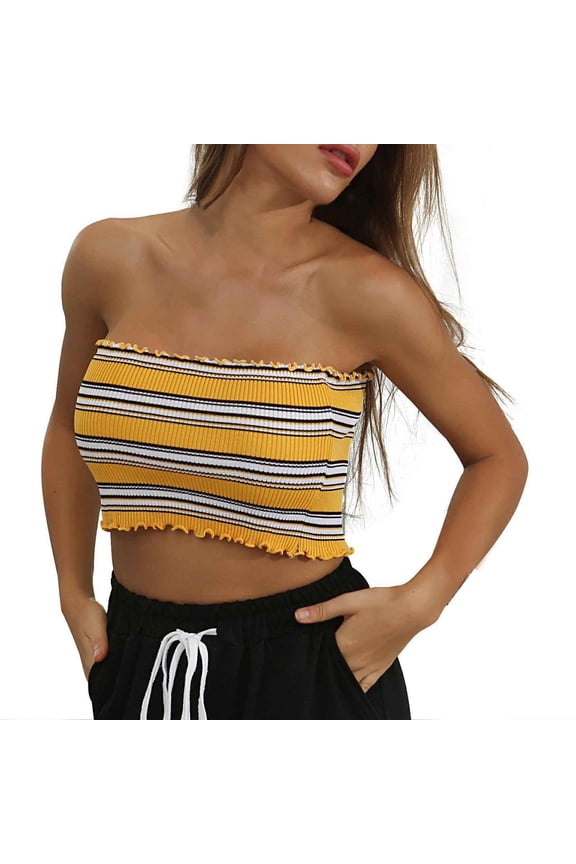 Women Summer Tops A Sexy European And Outerwear That Shows Back Navel Sleeveless And Has A Striped Strapless Top Crop Top Fitted Women plus Bra Camisoles for Crazy Chicken Lady C9 T Shirts Yellow M