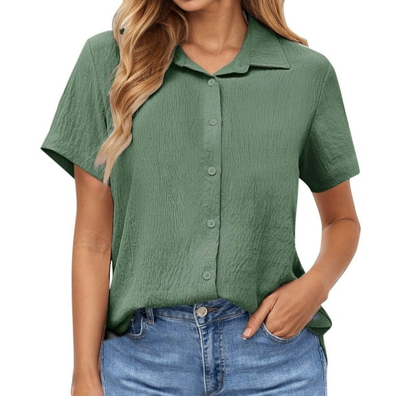 Women Summer Tops Shirt Women Linen Shirt Summer Button Down Linen Top Oversized V Neck Large Sized Clothing Solid Top Little L Turtleneck Long Sleeve Active Wear Green M