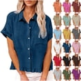 thumbnail image 1 of Women Summer Tops Short Sleeved Shirt Fashion Spring Clothing Fabric Solid Color Front Pocket Hem Fringe Short Sleeve Flared Collar Top, 1 of 9