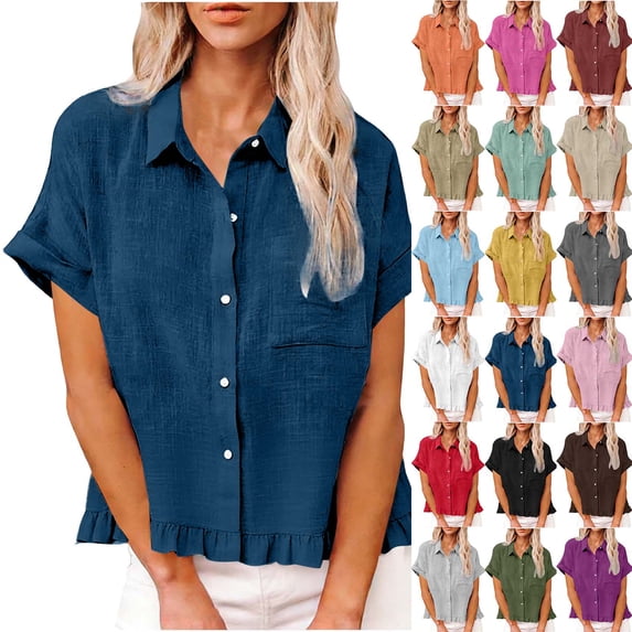 Women Summer Tops Short Sleeved Shirt Fashion Spring Clothing Fabric Solid Color Front Pocket Hem Fringe Short Sleeve Flared Collar Top