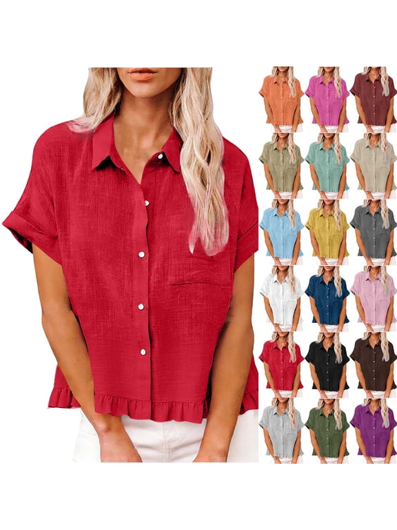 Women Summer Tops Short Sleeved Shirt Fashion Spring Clothing Fabric Solid Color Front Pocket Hem Fringe Short Sleeve Flared Collar Top