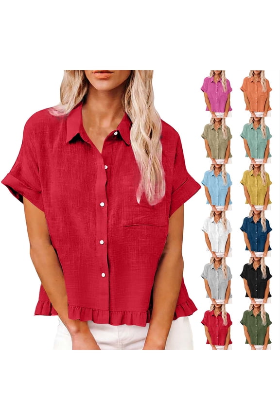Women Summer Tops Short Sleeved Shirt Fashion Spring Clothing Fabric Solid Color Front Pocket Hem Fringe Short Sleeve Flared Collar Top