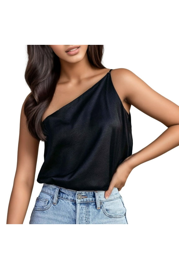 Women Summer Tops Silk Satin One Shoulder Camisole Tank Top For Women Adjustable Strap Soft Stretchy Sleeveless Sexy Blouse Cute Summer Shirts Juniors Top Workout Band Size Cropped Girls Black 2XL