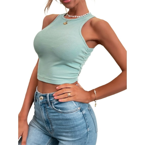 Women Summer Tops Sleeveless Round Neck Crop Wrap Chest Vest