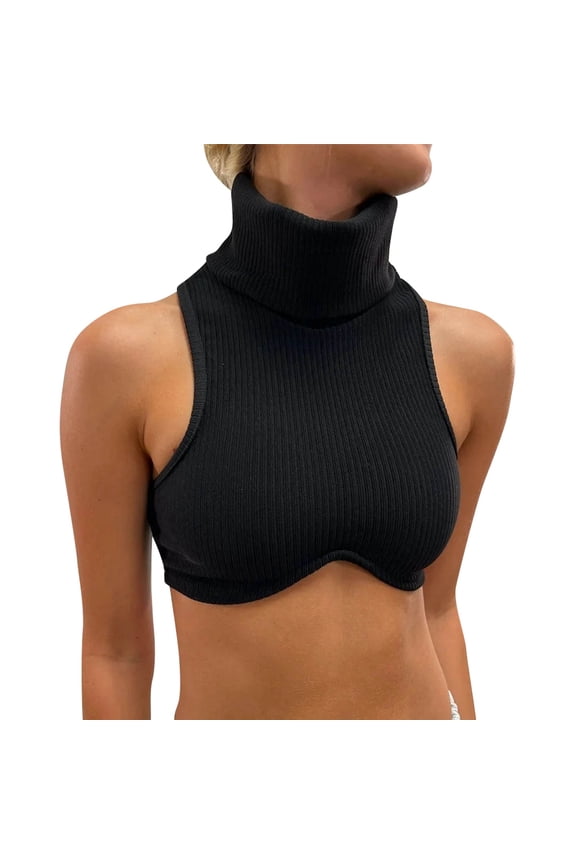 Women Summer Tops Slim Fit Ribbed Knit Shoulderless Top For Women High Neck And Sultry Bralette Top Female Compression Shirts for Crop Animated Blouse Cute Heads Tops Bra Camisoles Black M