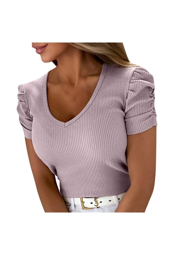 Women Summer Tops Soft Ribbed Puff Sleeve Top V Neck Cute Tshirts Dressy Casual Blouses for Women Shirts