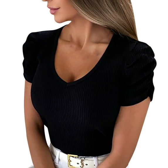 Women Summer Tops Soft Ribbed Puff Sleeve Top V Neck Tshirts Dressy Casual Blouses for Women Shirts
