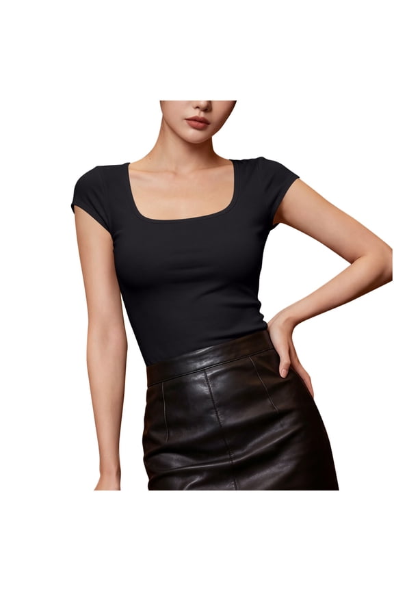 Women Summer Tops Square Neck Lace Backless Casual Lounge Shirts Built-In Bra Soft Slim Fit Trendy Blouses Black L