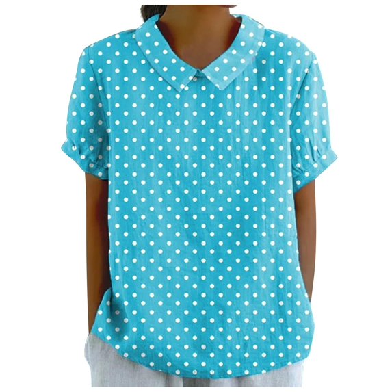 Women Summer Tops Summer Ladies Elegant Lapel Crewneck Linen Shirt Printed Loose Pullover Vintage Casual T Shirt Tall Womens Tops Woven Blouse Tunic for Women to Wear with Leggings Tan T Blue M
