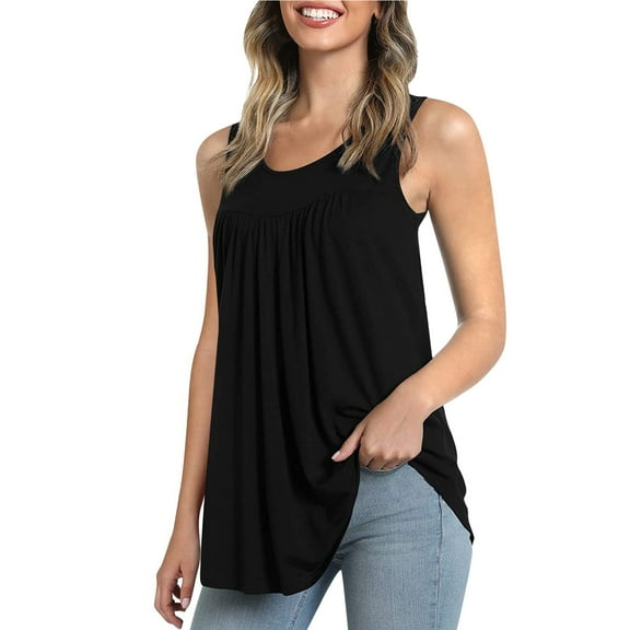 Women Summer Tops Summer Womens Sleeveless Crew Neck Floral Printed Tank Tops Loose Flowy Cute Tunic Pleated Vest Girl Foam Compression Top for Women Crop Petite Top Dressy Spaghetti Strap Black 2XL