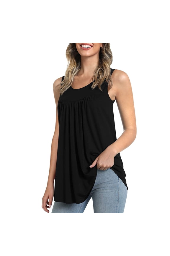 Women Summer Tops Summer Womens Sleeveless Crew Neck Floral Printed Tank Tops Loose Flowy Cute Tunic Pleated Vest Girl Foam Compression Top for Women Crop Petite Top Dressy Spaghetti Strap Black 2XL