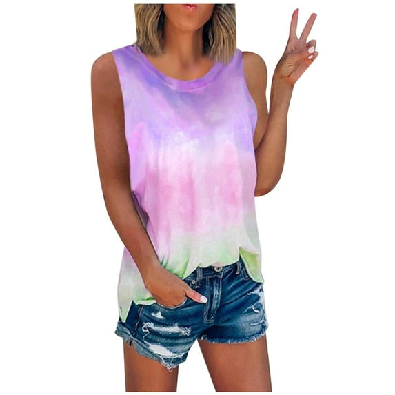 Women Summer Tops Tee Summer T Shirt Casual Sleeveless Tops Crew Neck Women's Tie Dye Women's Blouse Crop for Women Workout Camisole with Build Bra Chicken for Striped Top Christmas Top Purple S