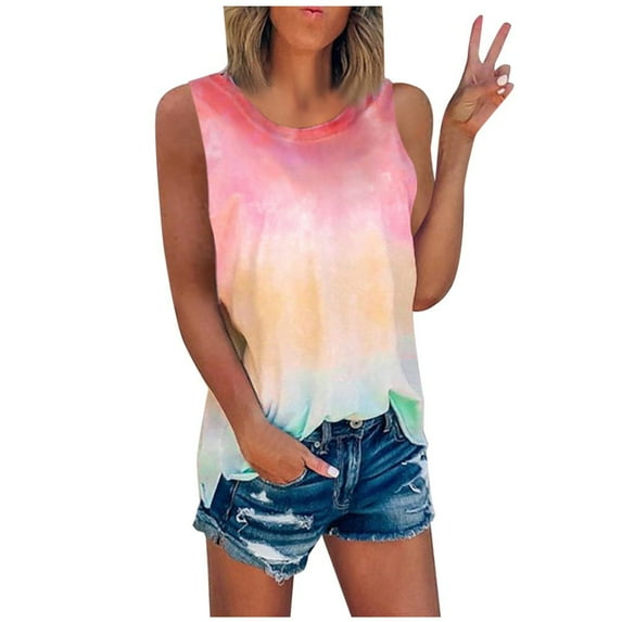 Women Summer Tops Tee Summer T Shirt Casual Sleeveless Tops Crew Neck Women's Tie Dye Women's Blouse Crop for Women Workout Camisole with Build Bra Chicken for Striped Top Christmas Top XL