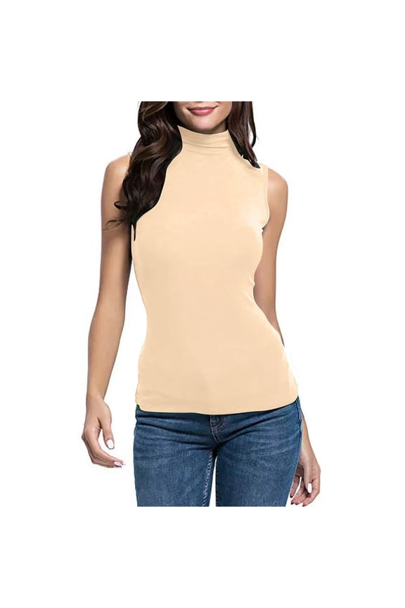 Women Summer Tops Top Tee Womens Fit Turtleneck Slim Blouse Shirt Sleeveless Solid Women's Blouse Sweater Top Dark Running Women Camisole with Spandex Chiffon Tops for plus Size Crop Button Beige M