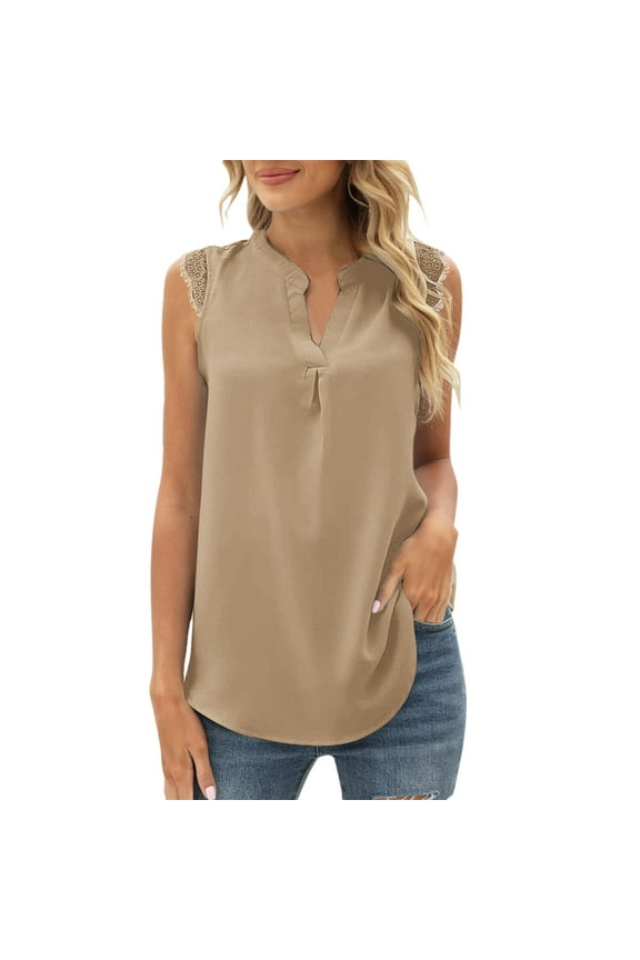 Women Summer Tops Tops For Women V Neck Print Tank Lace Sleeveless Shirts Summer Casual Tunic Blouse Dark Bodysuit Idol Top Crazy Cat Lady Top Girl Apparel Camisole Short Sleeve Long Womens Khaki M