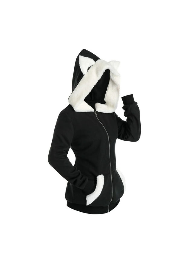 Women Summer Tops Unisex Long Sleeve Cat Ear Insert Zip Up Hoodie Sweatshirt Lady Long Top I Am A Woman Shirt Layer Tunics Athletic Top Women Sleeve Soft Shirt Woman Dot Black 2XL