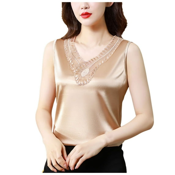 Women Summer Tops V Neck Net Yarn Short Sleeved T Shirt Women's New Summer Fashion Lace Undershirt Design Feeling Satin With A Coat Cute Tops for Women Sexy Camisole Padded Bra Cardigan Top Beige 3XL