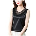 thumbnail image 1 of Women Summer Tops V Neck Net Yarn Short Sleeved T Shirt Women's New Summer Fashion Lace Undershirt Design Feeling Satin With A Coat Cute Tops for Women Sexy Camisole Padded Bra Cardigan Top Black XL, 1 of 5
