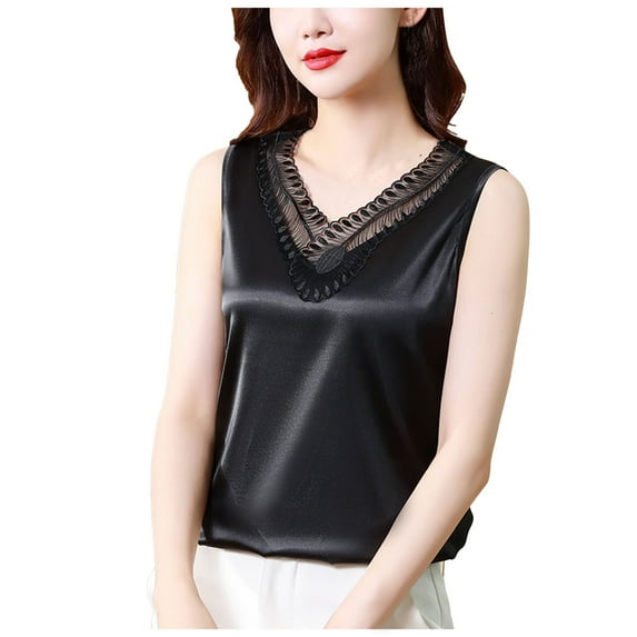 Women Summer Tops V Neck Net Yarn Short Sleeved T Shirt Women's New Summer Fashion Lace Undershirt Design Feeling Satin With A Coat Cute Tops for Women Sexy Camisole Padded Bra Cardigan Top Black L